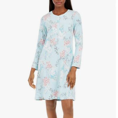 Miss Elaine Women's Brushed Waffle-Knit Nightgown Floral Aqua Size Large
