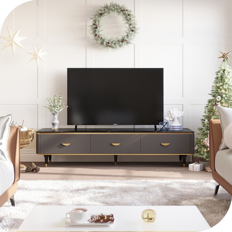 Media Cabinets Low Marble Tabletop Tv Console With 3 Drawers