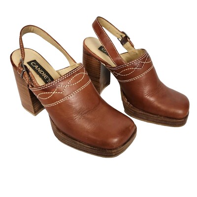 Candies Vintage Sling Back Clogs Block Heel Leather 6M Brown/tan
