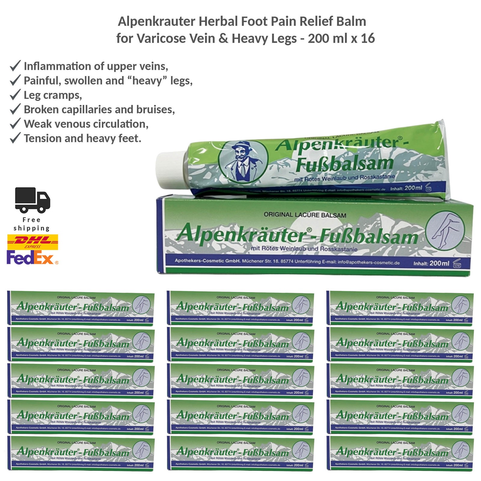 Alpenkrauter Herbal Foot Care Balm for Varicose Veins and Foot Pain Relief x16