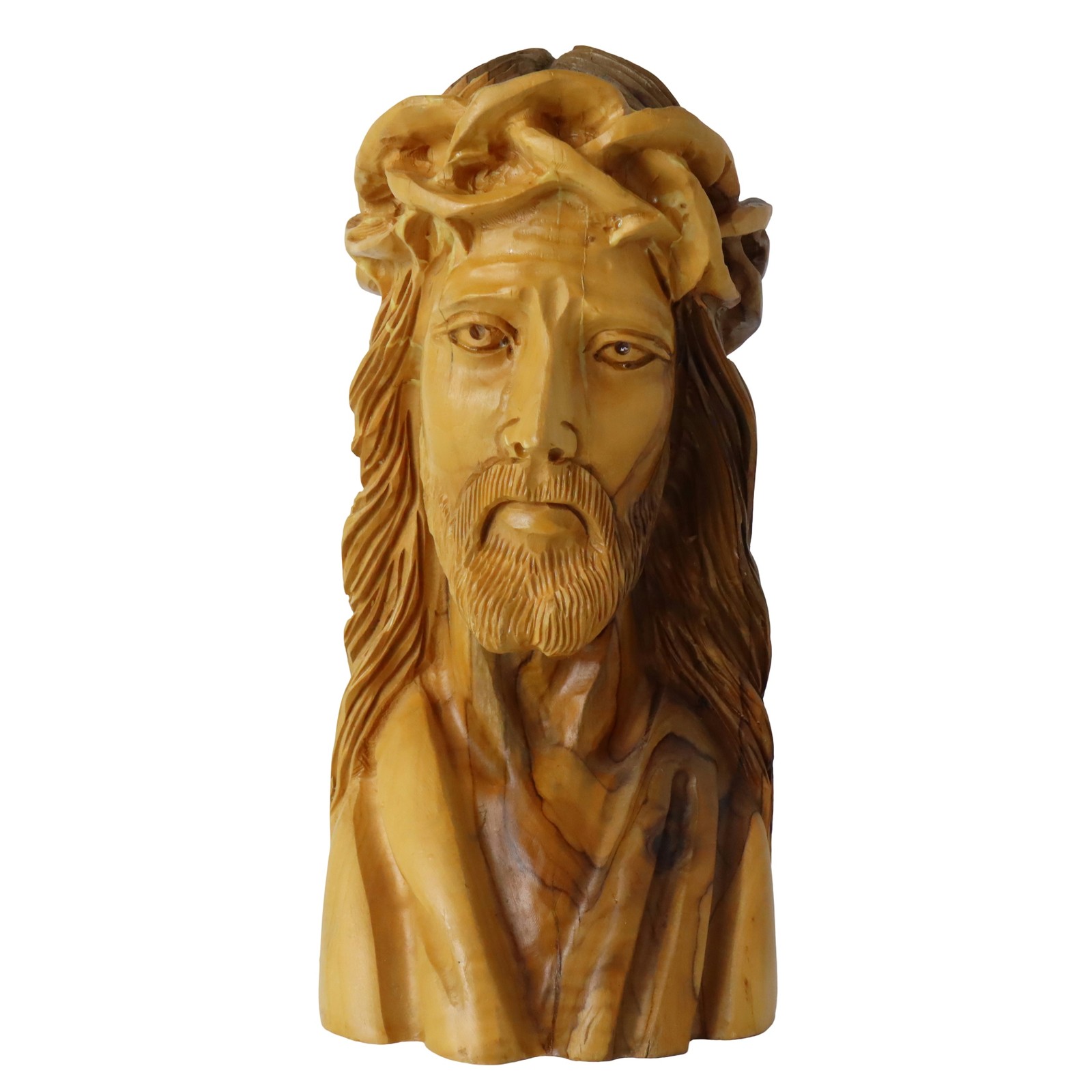 Vintage Hand Carved Olive Wood Jesus Christ Thorn Crown Religious Bust Statue