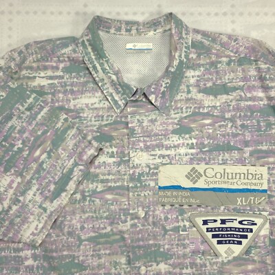 Columbia PFG Short Sleeve Shirt XL Button Up Cotton Purple Fish Print #K29