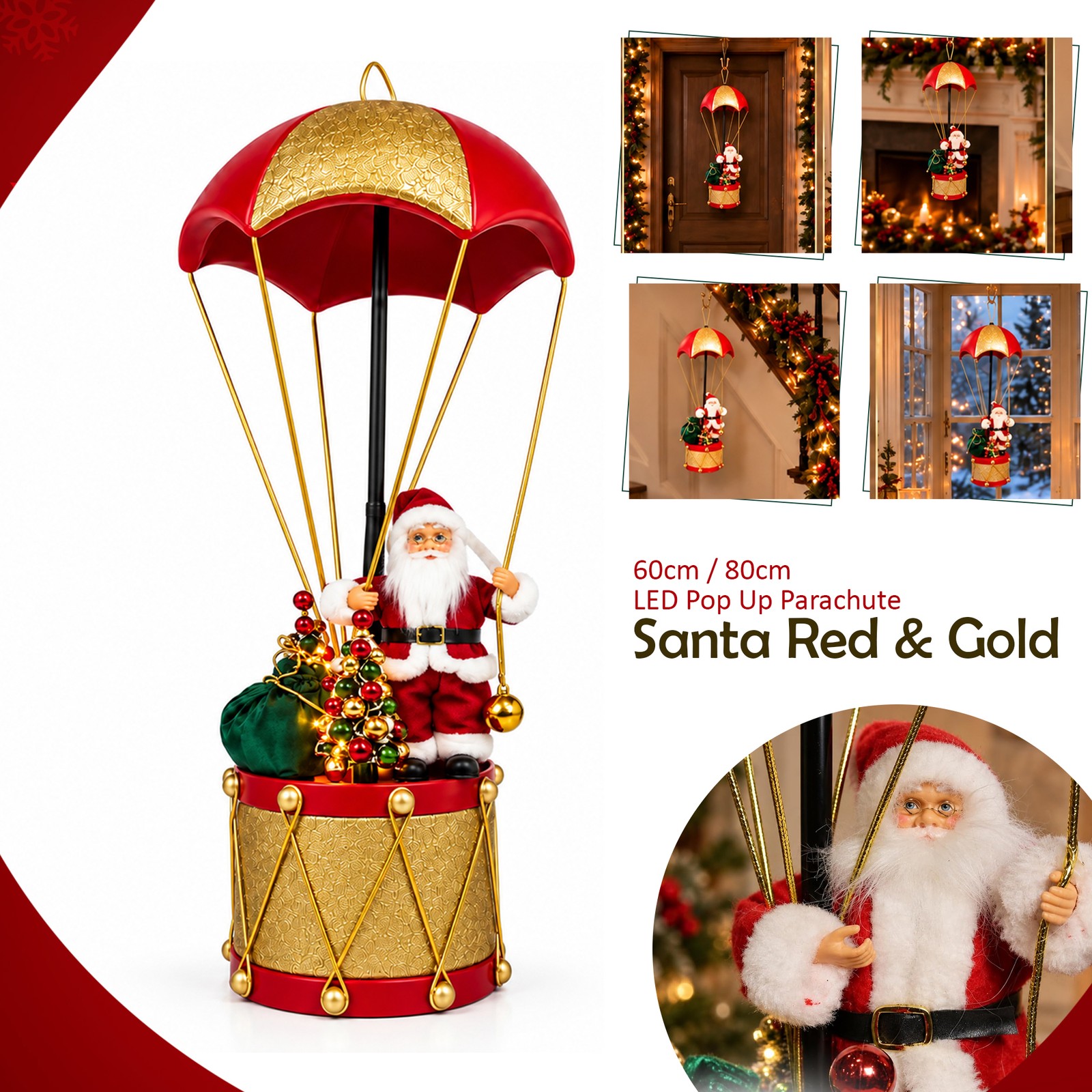 Christmas Wall Hanging Decoration LED Santa Parachute 60cm 80cm Battery Operated