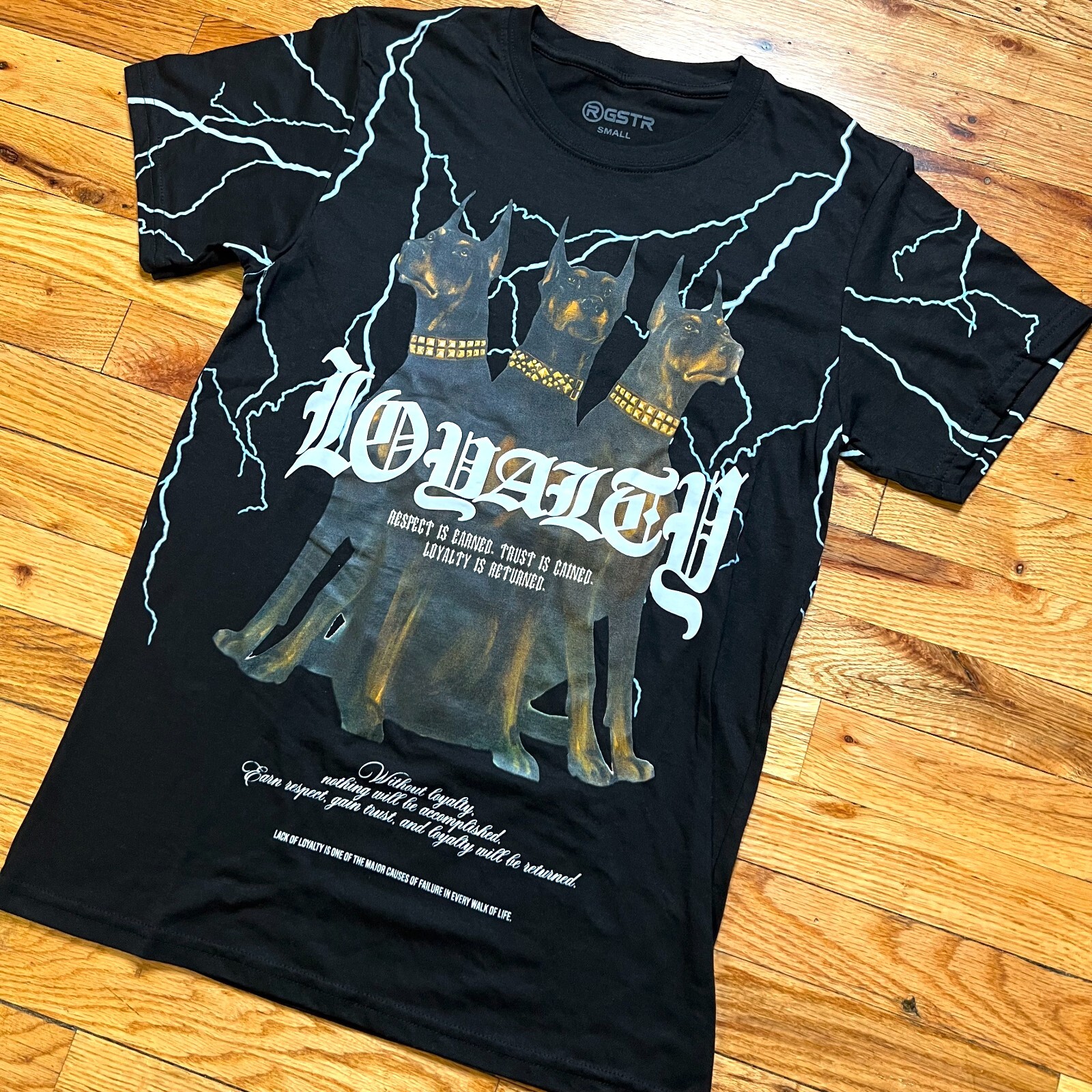 RGSTR Loyalty Respect Trust T Shirt Doberman Lightning Print