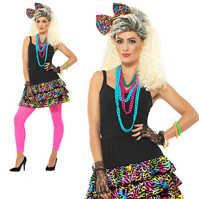 80s Party Girl Skirt Headpiece & Necklace Adult Womens Ladies Fancy Dress Outfit