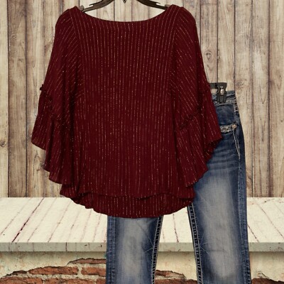 Cato Women s Blouse Sz M Maroon Gold Striped Bell Flutter Slv Boho Peasant Top