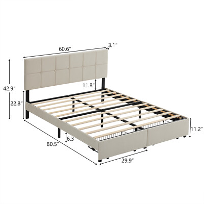 Full Queen Size Upholstered Bed Frame with Wooden Slat Support Storage 2 Drawers
