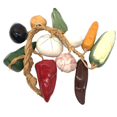 Vintage Hanging Ceramic Eleven Vegetable Bunch  Jute Rope colorful Fruit