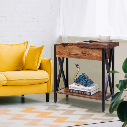 Set of 2 Flip Top End Tables Narrow Side Table W/ Charging Station Rustic Brown