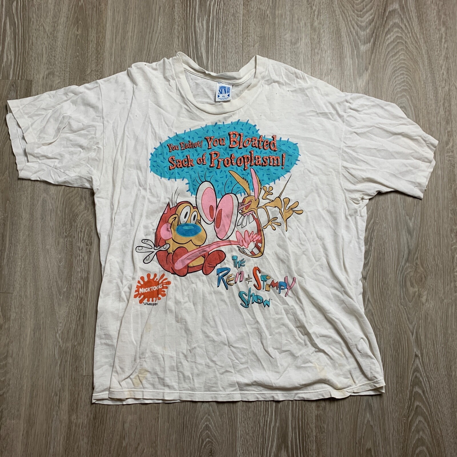 

Nickelodeon Nicktoons Ren and Stimpy 1991 Vintage Graphic White T-Shirt Mens, Белый