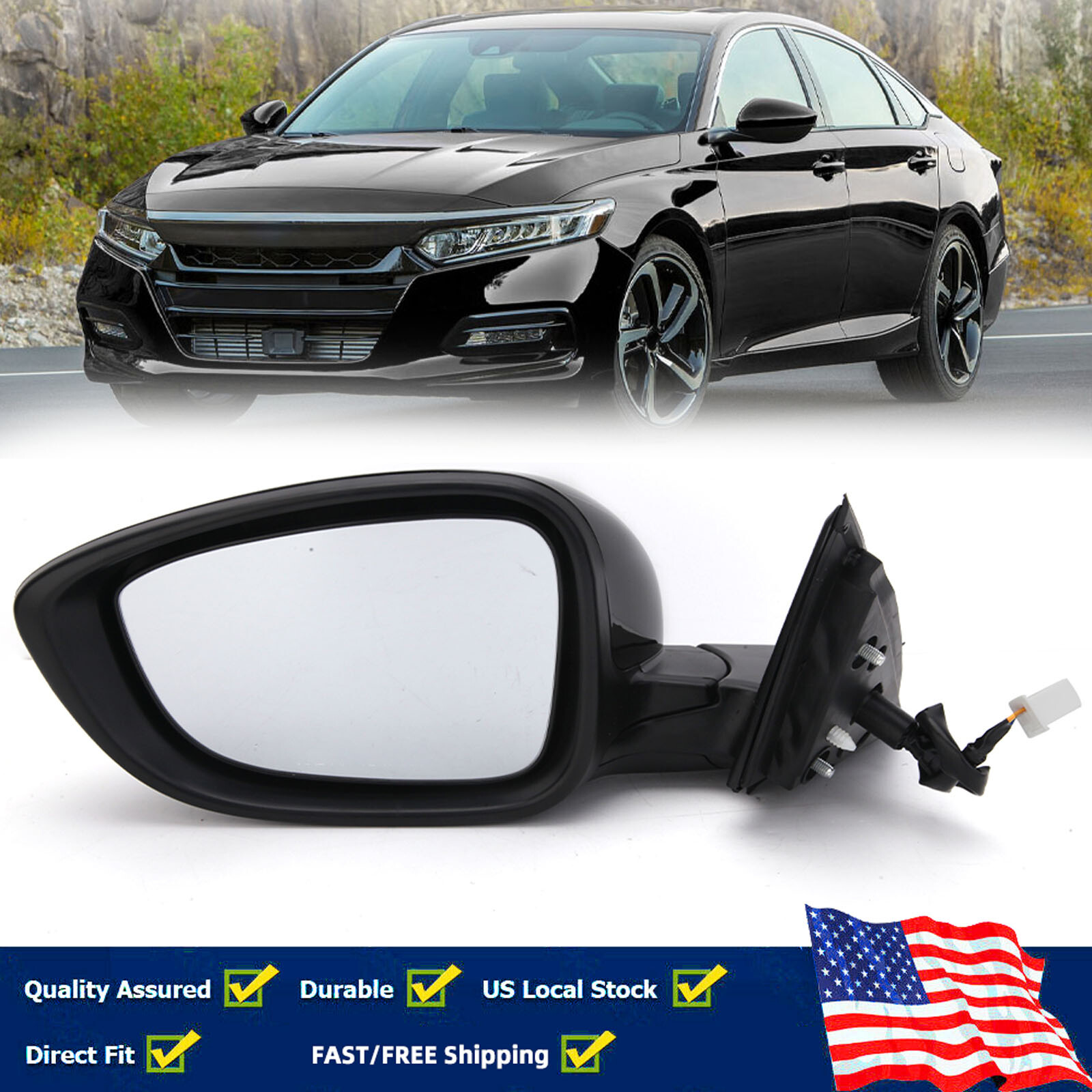 Черное левое боковое зеркало в сборе для водителя Honda Accord 2018-2022 LH Gloss Black