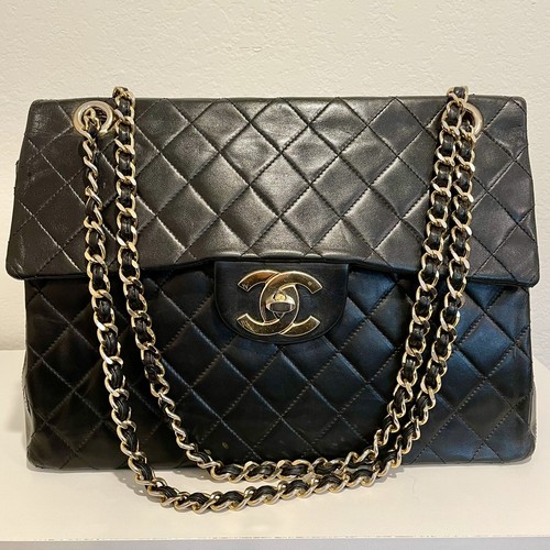 CHANEL Vintage Black Classic Maxi Jumbo Single Flap XL Logo CHANEL Vintage Black Classic Maxi Jumbo Single Flap XL Logo