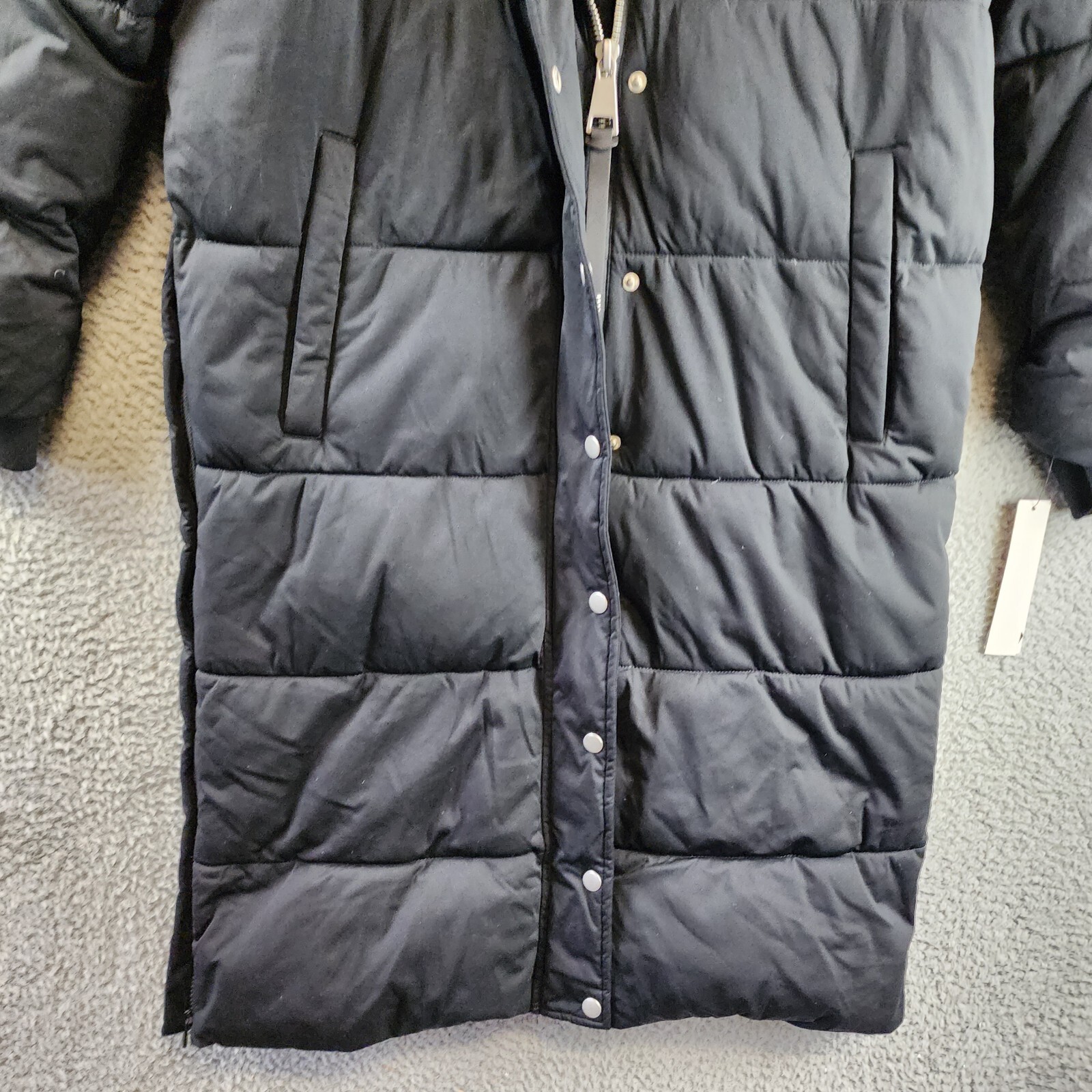 AQUA Long Hooded Puffer Coat Women's Small Black Fixed Drawstring Snap Closure - Picture 3 of 12