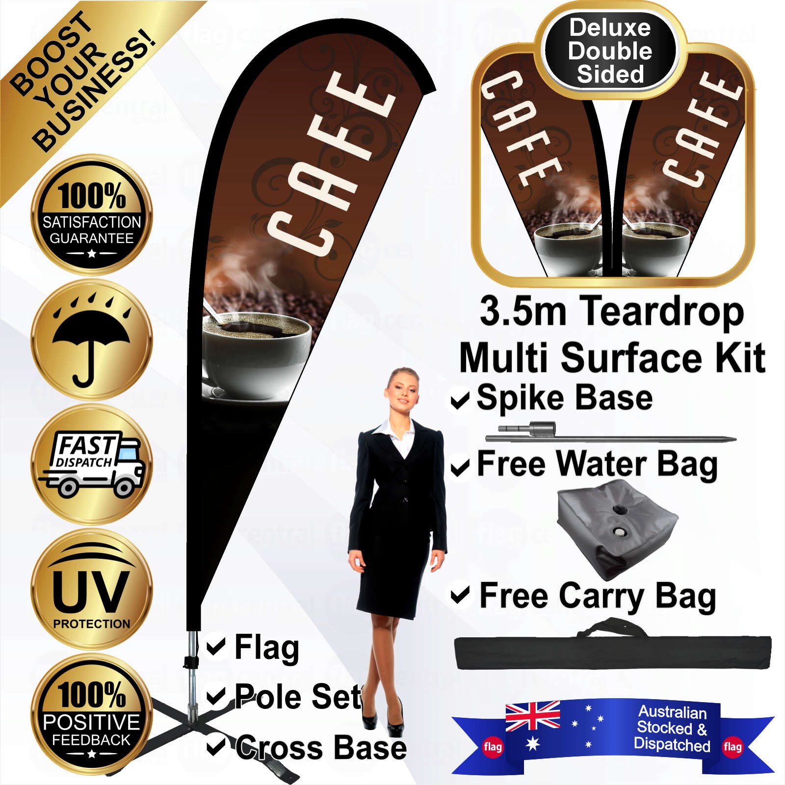 CAFE Deluxe Double-Sided Brown 3.5m Teardrop Flag / Banner Kit with Pole Set, Galvanised Steel Ground Spike, Steel Outdoor Cross Base, Free 15kg Water Bag and a Free Carry Bag