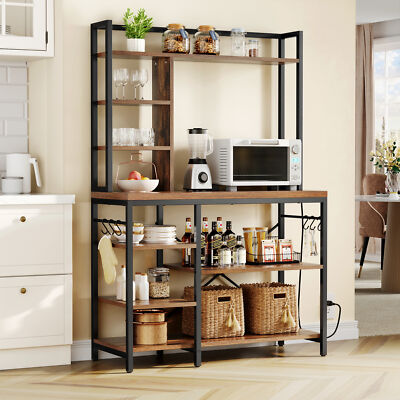 Kitchen Bakers Rack with Power Outlets Microwave Oven Stand Storage Shelf Hooks