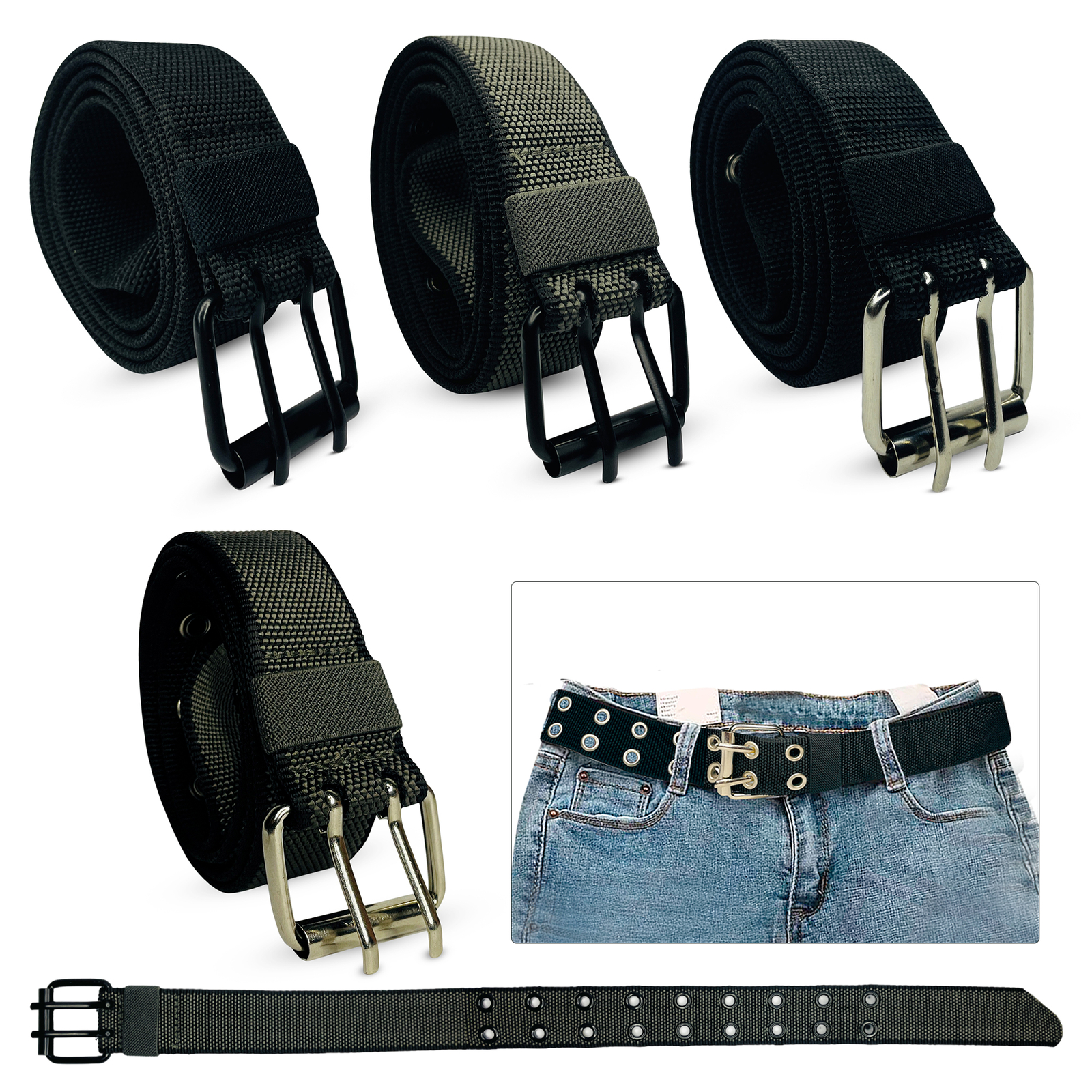 Modisch Doppelte Schnalle Ösen Öse Gürtel für Jeans Kleider Unisex Herren Gewebe
