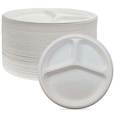 10 Inch Paper Plates -125 Pcs - 3 Compartment Disposable Heavy Duty Eco-Friendly