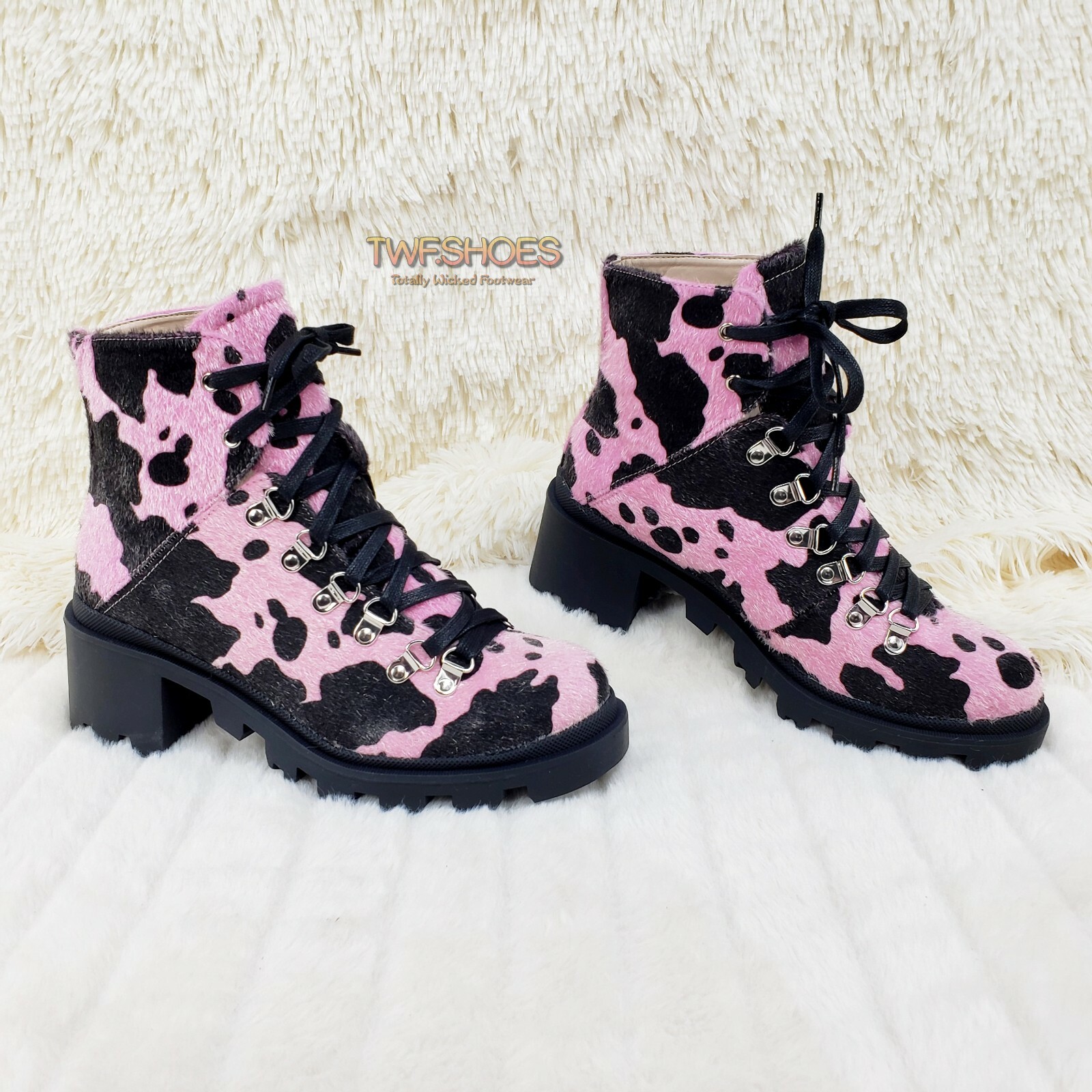 Kick Ass Lace Up Lug Sole Combat Ankle Boots Faux Fur Pink