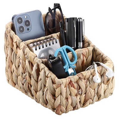 3 Slots Natural Woven Remote Control Holder for Desk Water Hyacinth Media TV ...