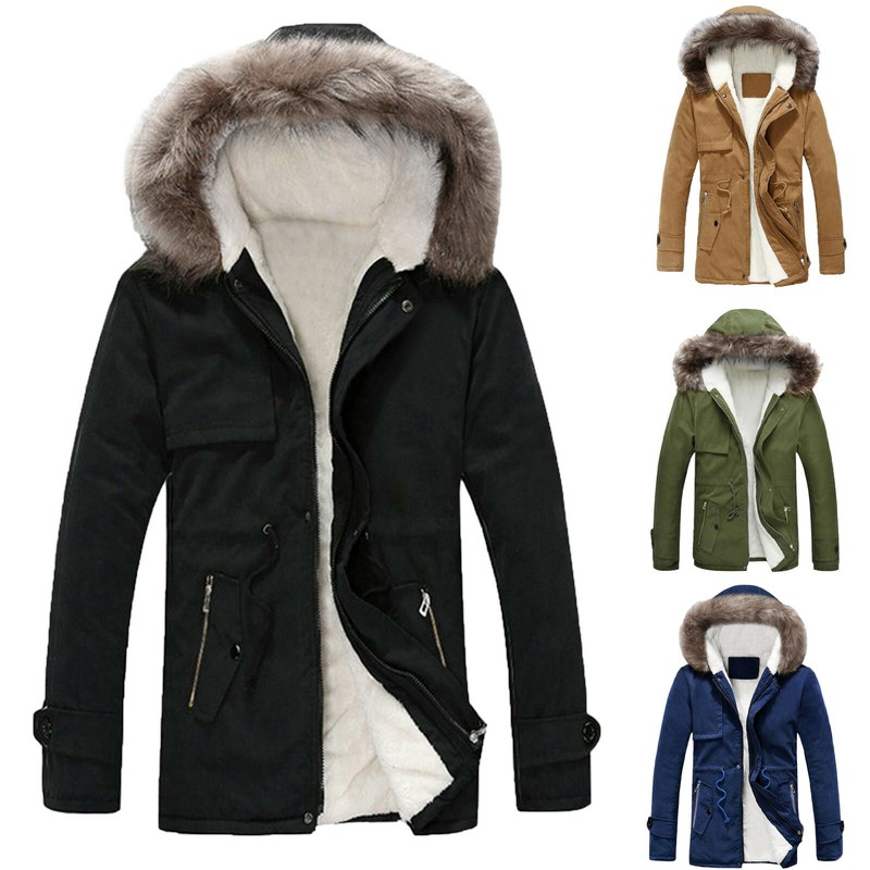 Mens Jacket Faux Fur Trimmed Hooded Winter Fleece Long Padded Outerwear Coat
