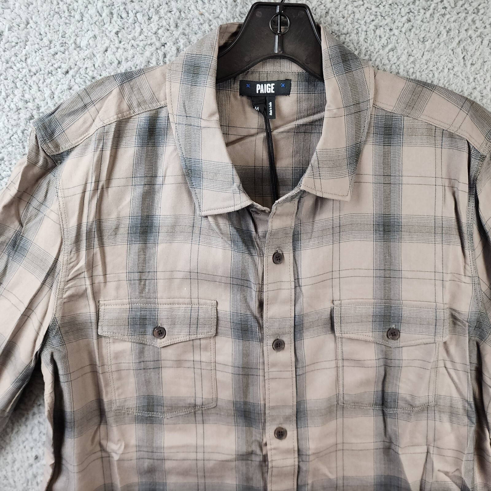PAIGE Everett Plaid Flannel Long Sleeve Button-up Shirt Men's Medium Oak Sky - Picture 4 of 12