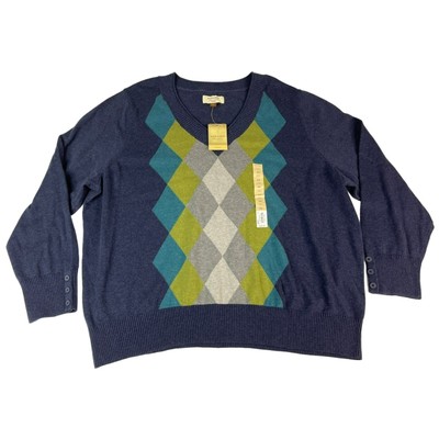 NWT Sonoma Women's Sweater Diamonds Long Sleeve 2X Blue Grey Green 100% Cotton