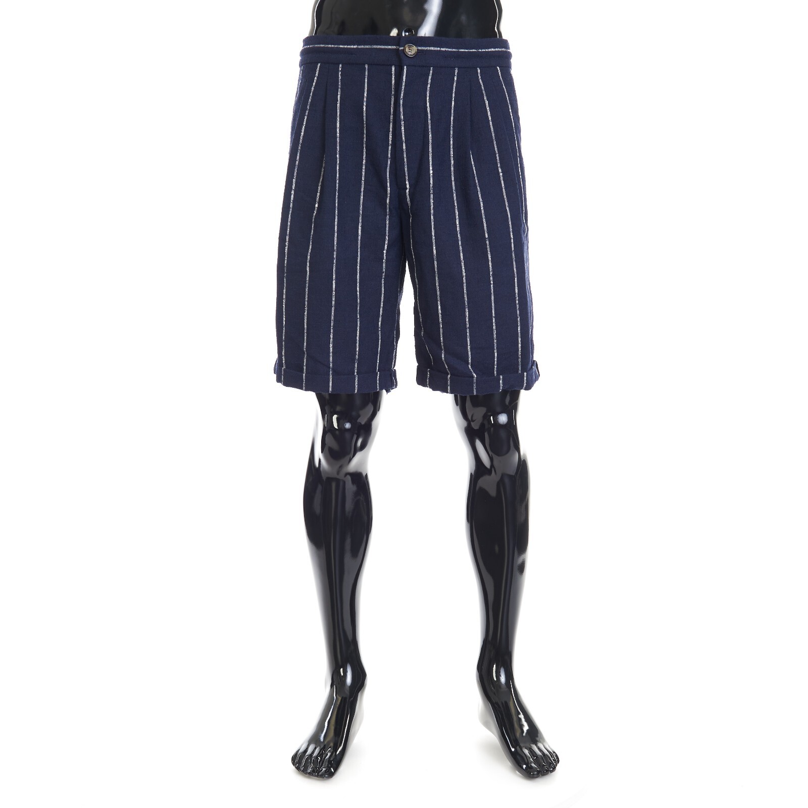 Pre-owned Brunello Cucinelli 1395$ Navy Chalk Stripe Bermuda Shorts - Drawstring, Pleats In Blue