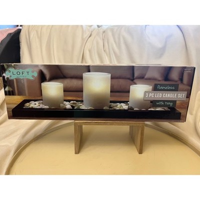 Loft Living 3 PC Flameless LED Candle Set with Black Tray and River Stones New