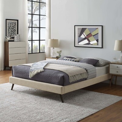 Mid-Century Modern Fabric Upholstered Queen Platform Bed Frame w/ Slats in Beige
