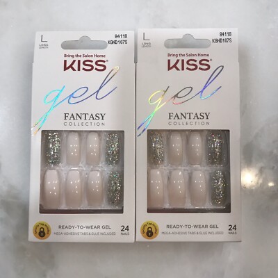 LOT OF (2) NEW - KISS Fantasy Collection Nails - Long Coffin BEIGE / GOLD 84118