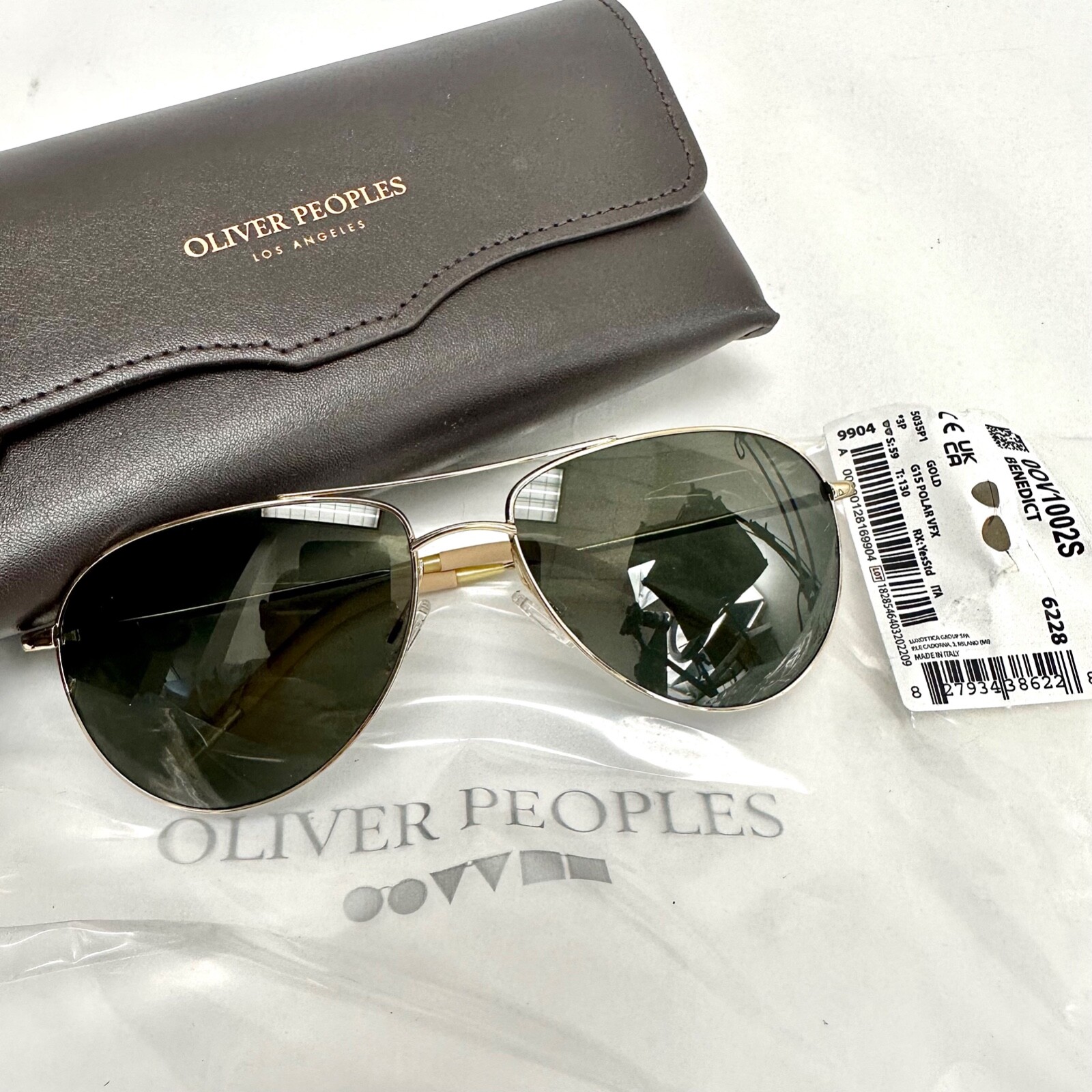 Pre-owned Oliver Peoples Benedict Ov1002 Gold G15 Polarized Glass Aviator Sunglasses 1002 In Green