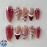 30Pcs Christmas French Tip Press on Nails Medium Almond Fake Nails Nude Pink Glossy Glue on Nail with Pearl Rhinestone Red Bow Ribbon Designs Reusable Winter False Nail Xmas Acrylic Nails for Women