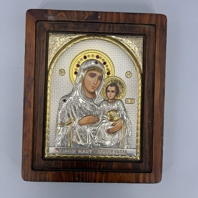 Virgin Mary Jerusalem 998 Silver Greek Orthodox Icon Wood Plaque Religious