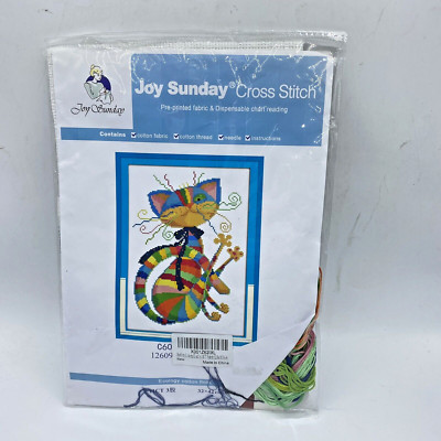Joy Sunday Cross Stitch Kit Colorful Cat Rainbow Bow Stripes Retro 1970 s Style
