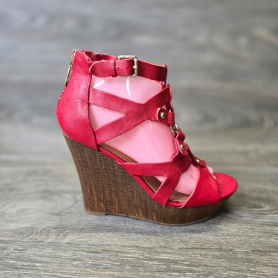 Guess Wedge Platform Sandals womens 7.5 **READ** Red Strappy high 4'' Shoes