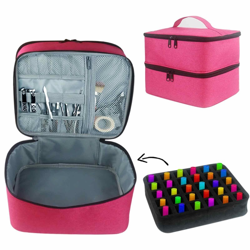 2 Layer Nail Polish Storage Train Case Carrying Case Bag-Holds 30 Bottles