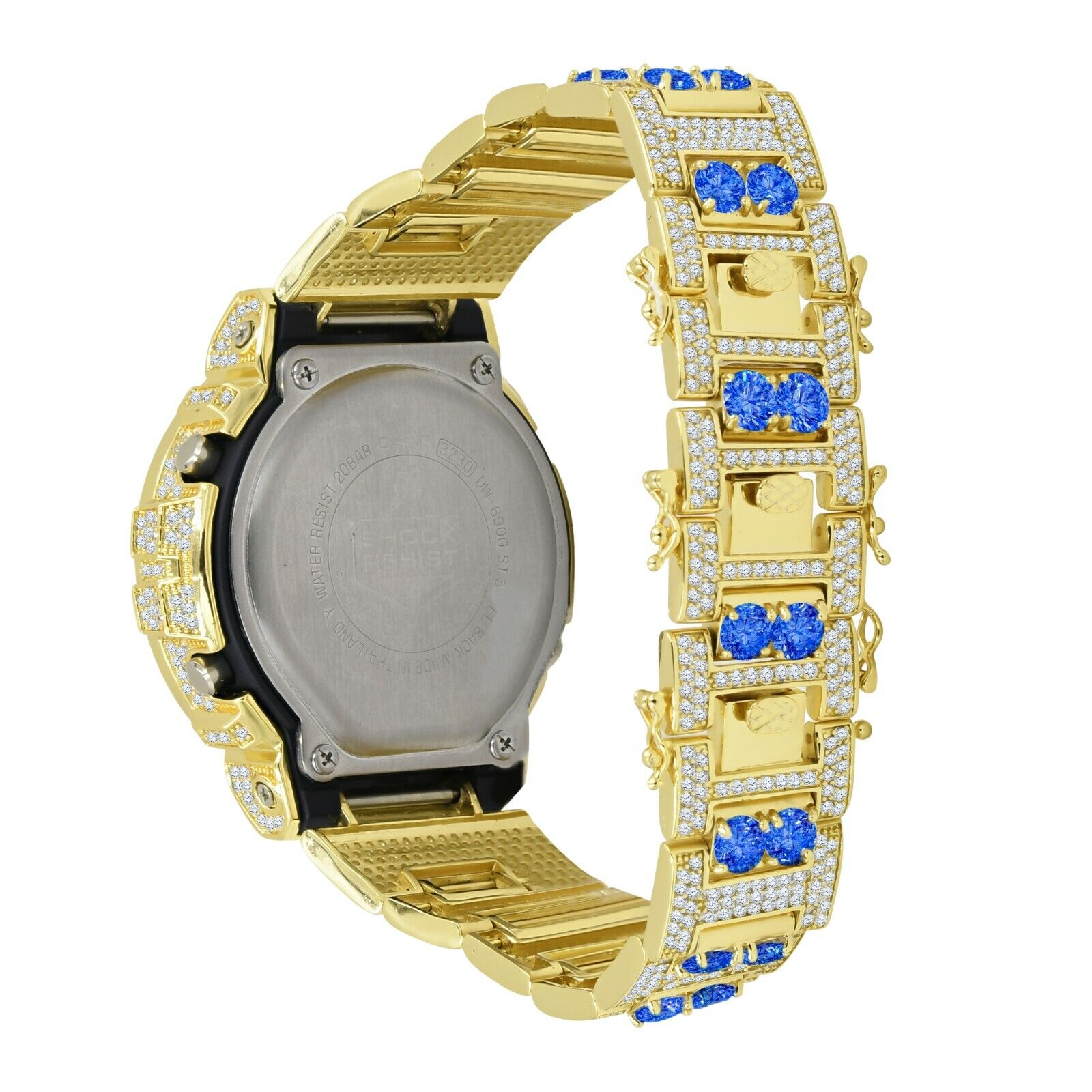Pre-owned Casio Full Custom Gold Tone Blue Sapphire Simulated Diamond  G-shock Dw6900 Watch