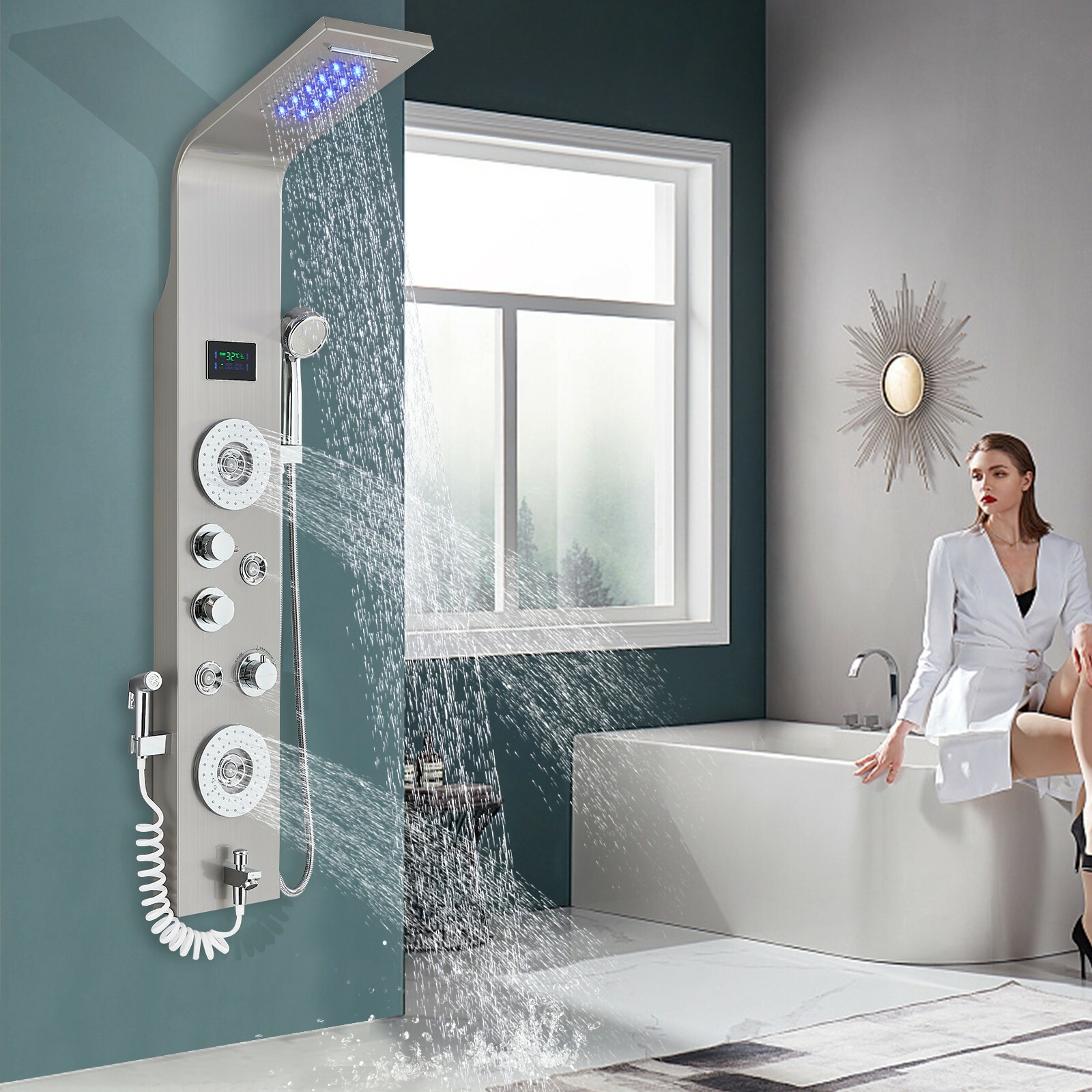 Stainless Steel Rainfall Waterfall LED Shower Panel Tower