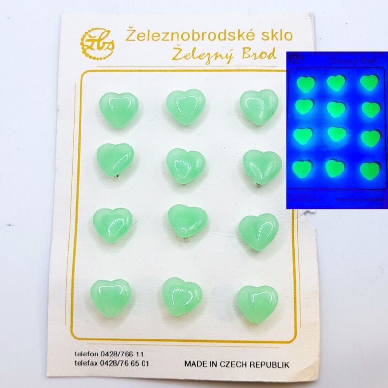 Vintage Uranium Glass Buttons Heart Card 1990s Czech Glass Buttons Mint Green