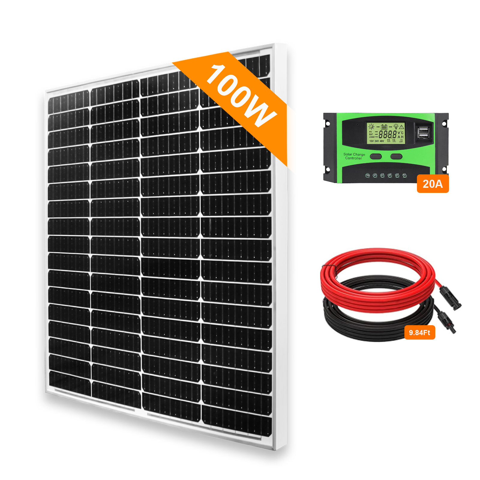 100 Watt 12 Volt Solar Panel Kit With 20A Charge Controller PV Module Home RV