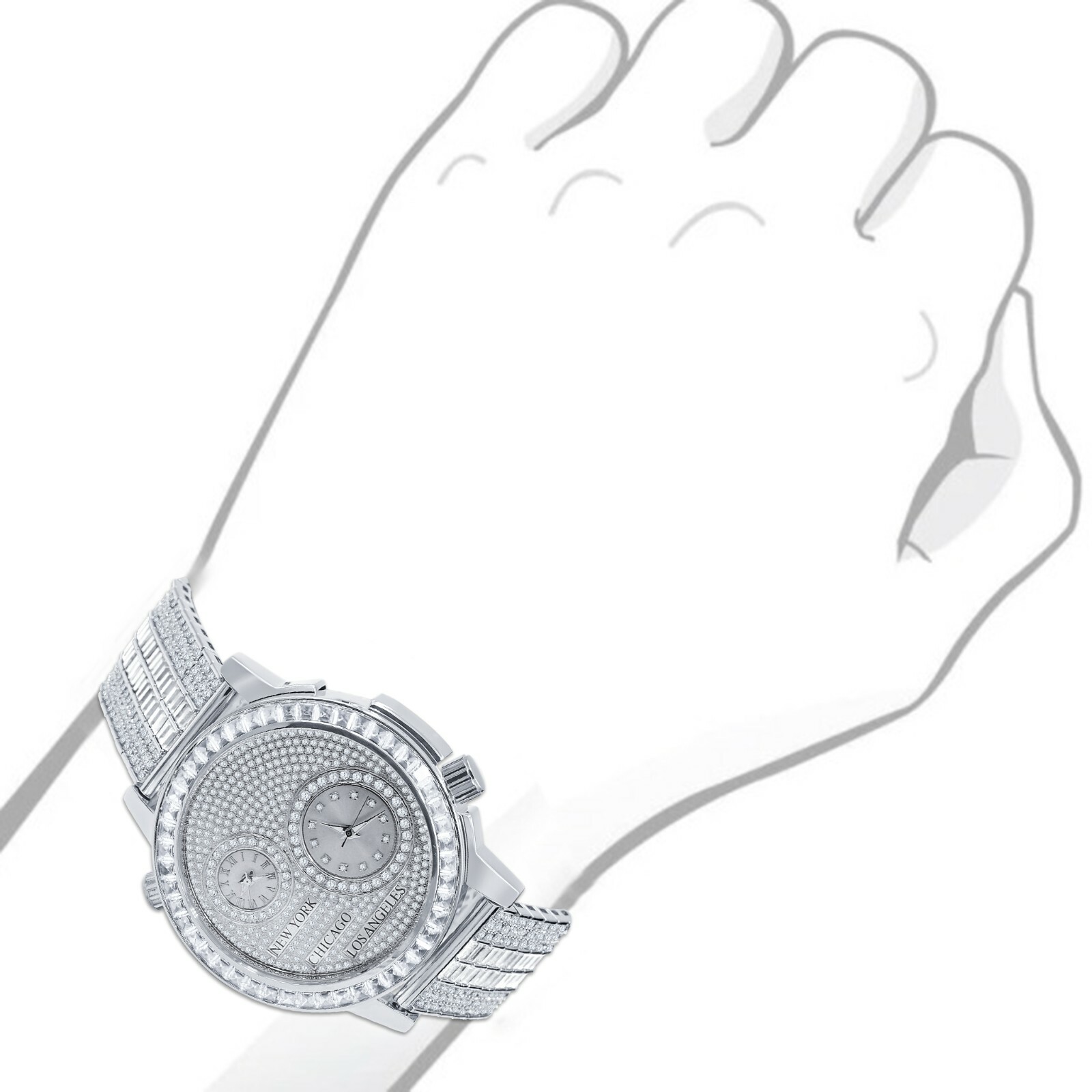 Pre-owned Ice Master Genuine Diamond White Gold Tone 2 Time Zone Chronograph Baguette Dial Band Watch