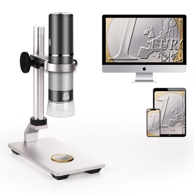 4K 3840x2160p WiFi Digital Microscope Camera with Adjustable Metal Stand, Wir...