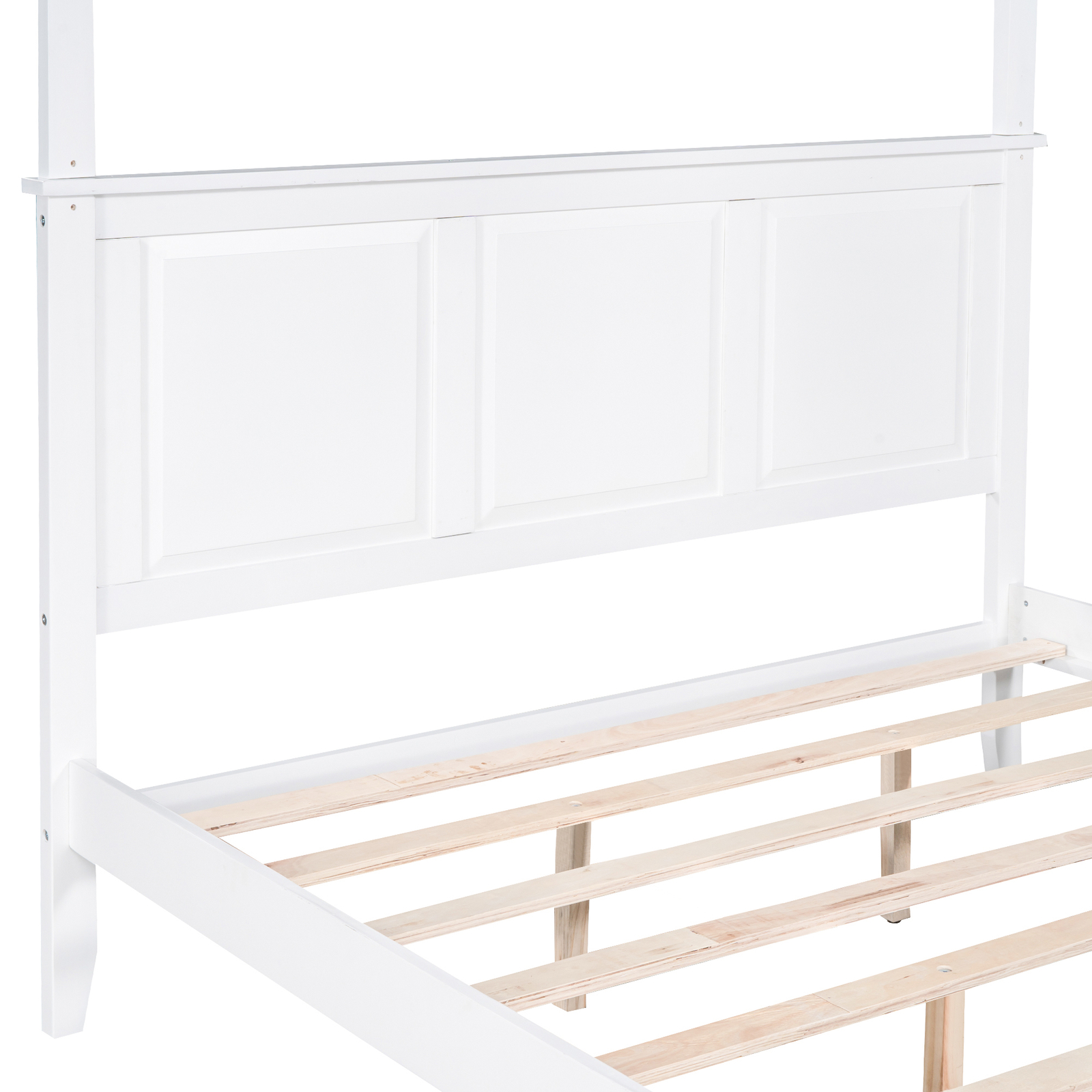 Queen Size Canopy Platform Bed Frame Wooden Slat W/ Headboard Footboard White