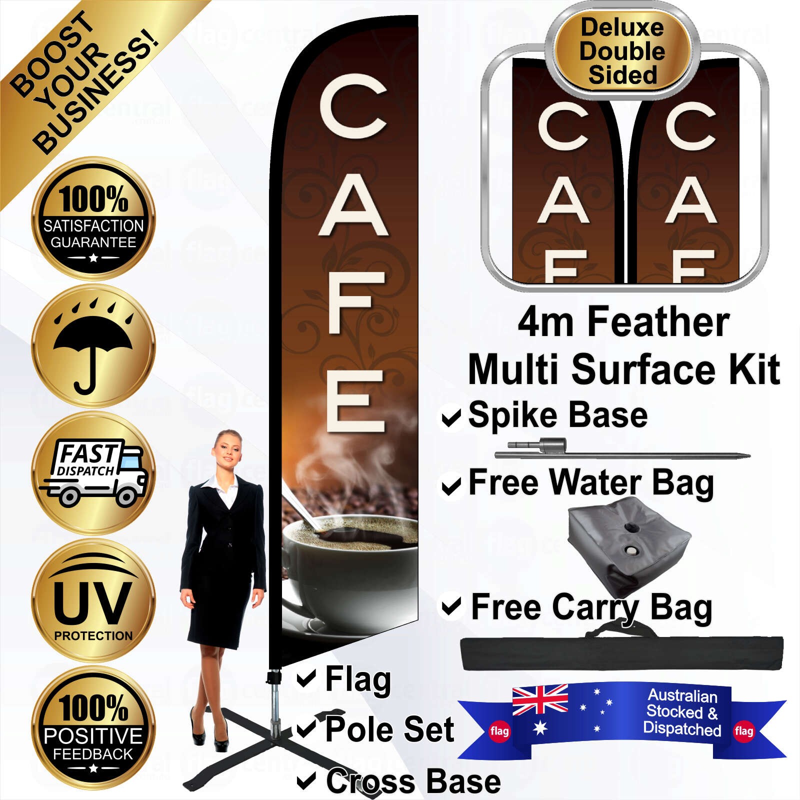CAFE Deluxe Double-Sided Brown 4m Feather Flag / Banner Kit with Pole Set, Galvanised Steel Ground Spike, Steel Outdoor Cross Base, Free 15kg Water Bag and a Free Carry Bag