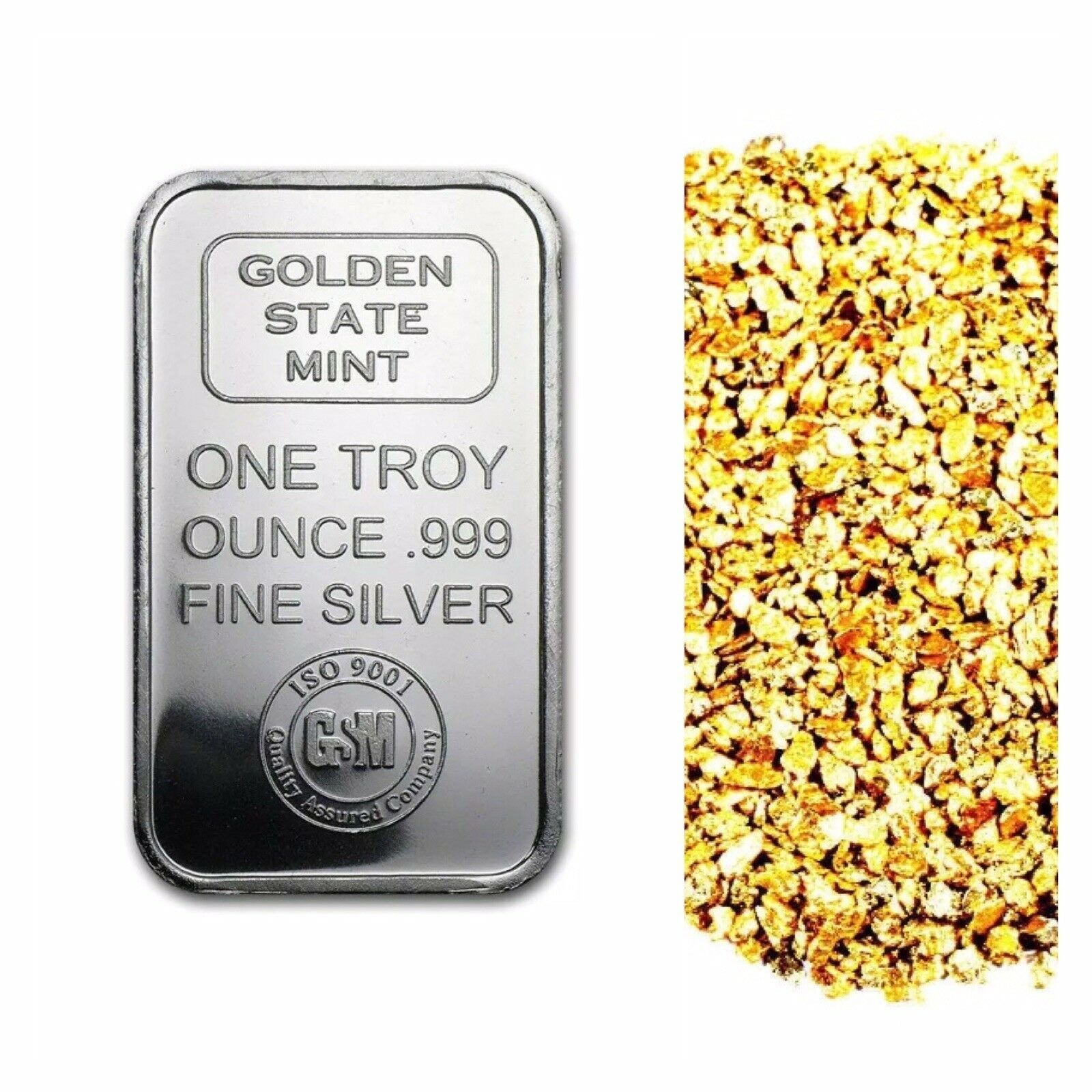 1 TROY OZ .999 SILVER GSM ISO BAR BU + 10 PIECE ALASKAN PURE GOLD NUGGETS