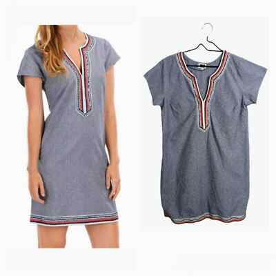 Mud Pie Cotton Blue Chambray Mini Dress Short Cap Sleeve Embroidery Sequins L