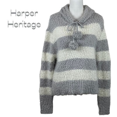 Harper Heritage Fuzzy Gray & White Striped Hoodie Sweater NWOT Size M