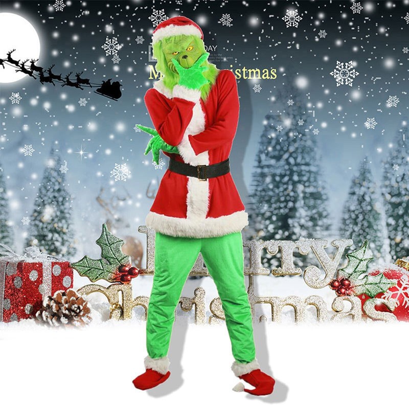 Adult Grinch Christmas Costume 7Pcs Xmas Furry Santa Suit Cosplay Fancy Dress