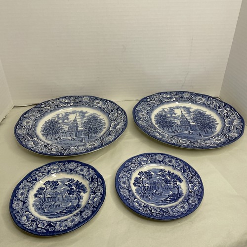 4-Staffordshire Liberty BluePlates,2-10" and2-6&rdquo;Independence Hall Colonial