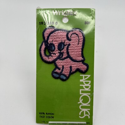Vintage Appliqué Wrights Embroidered Small Pink Smiling Elephant Happy Fun